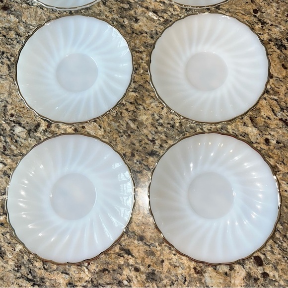 Vintage Anchor Hocking Milk Glass Gold Rim 6” Saucer | Set of 7 - Picture 2 of 8